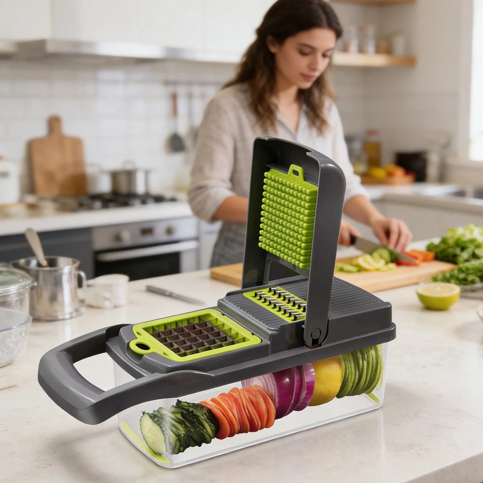 Vegetable Chopper Dicer with Container | Cheese Grater Mandoline Slicer Cabbage Shredder French Fry Cutter Stainless Steel for Veggie Onion Potato Fruit Food, Manual Hand Cooking Gadget for Kitchen - Image 9