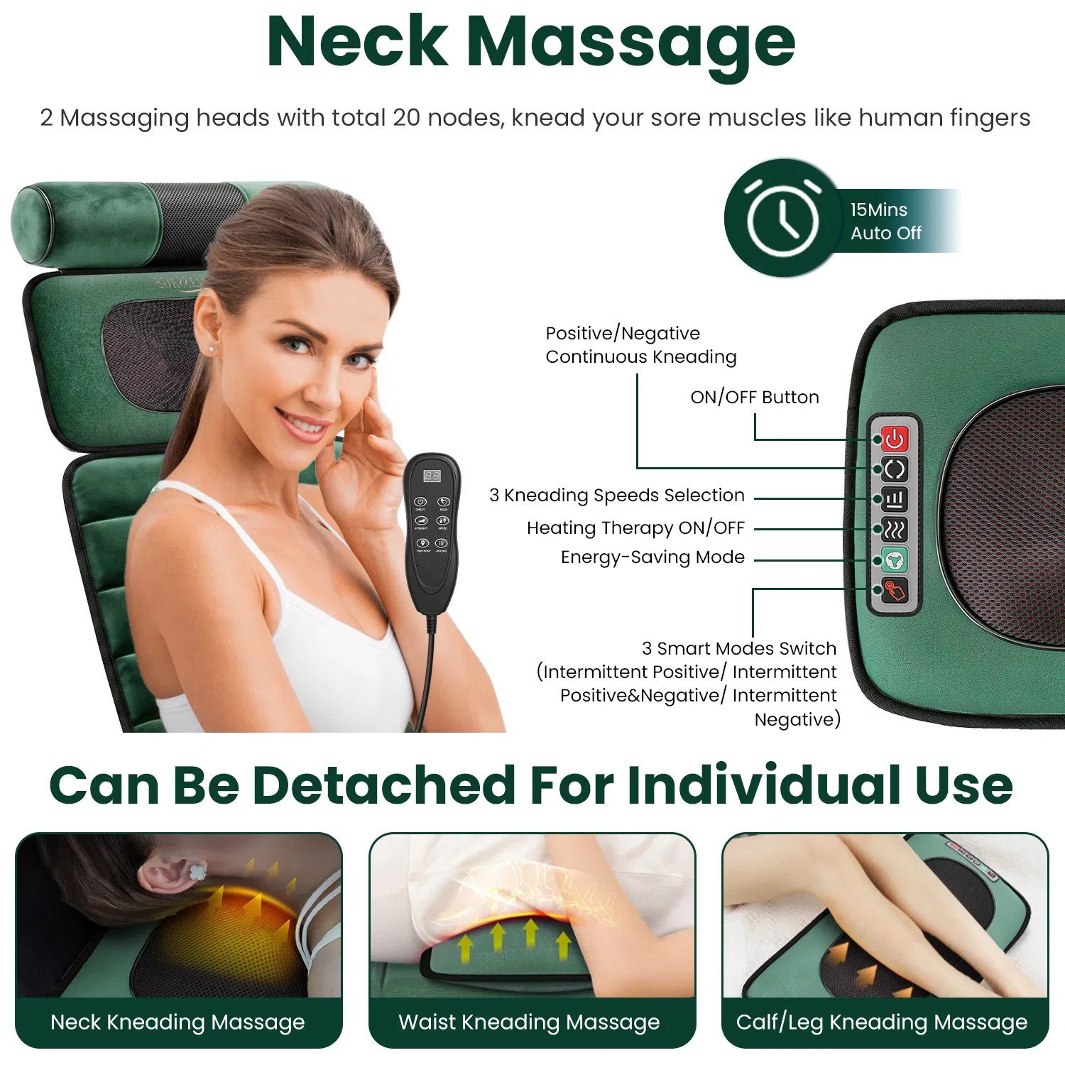 Full Body Massage Pad with Separable Shiatsu Neck & Foot Massagers, Adjustable Inflatable Waist Pillow 3 Heat Levels Custom Vibration Settings Foldable Design with Carry Bag - Image 3