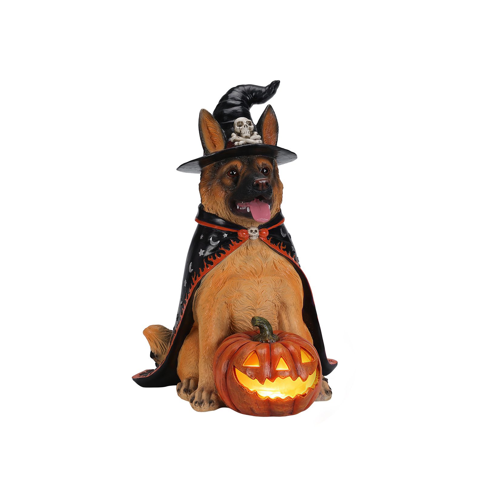 Halloween German Shepherd Dog Statue, Large Sitting Dog Figurine with Witch Hat & Cape, LED Light Up Jack-O-Lantern Pumpkin - Image 8