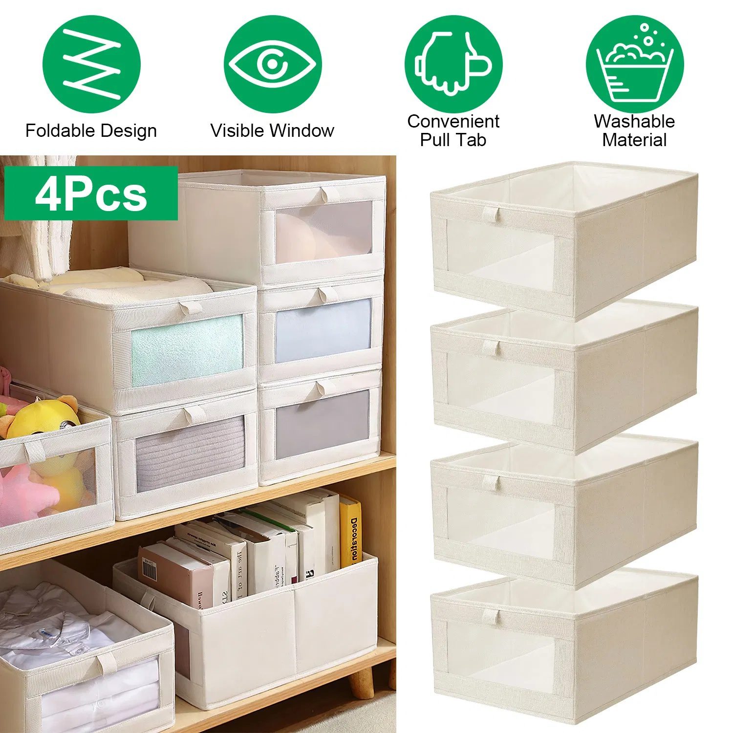 4Pcs Foldable Closet Storage Bins with Clear Window, Washable Linen Fabric Storage Baskets for Clothes Organization - Image 2