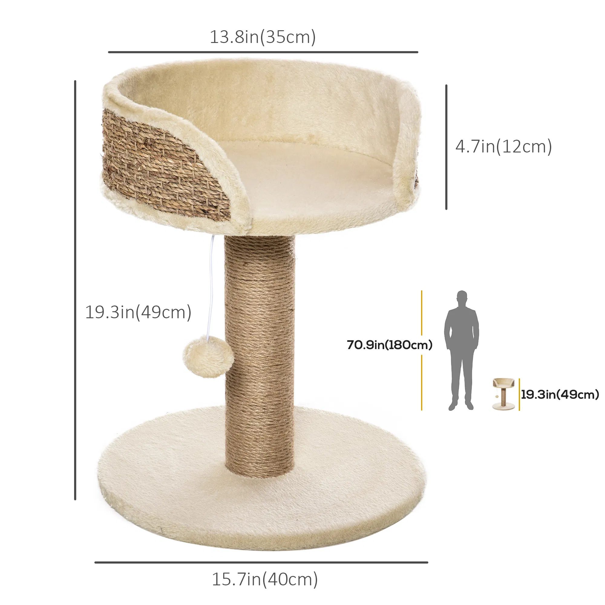 Cat Tree with Scratching Post, Toy Ball, Perch, Small Cat Tower for Indoor Cats - 16" x 16" x 19", Beige - Image 2