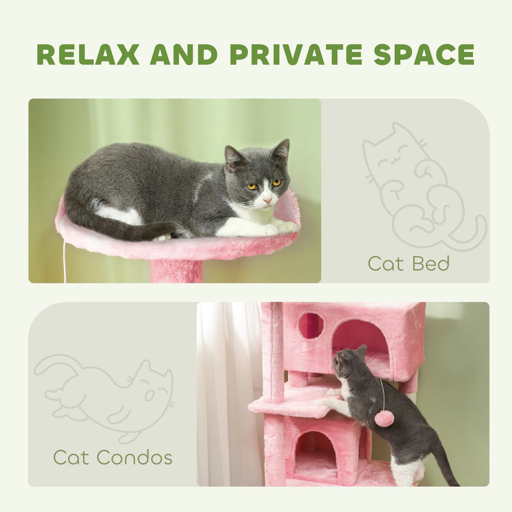 54" Cat Tree, Multi-Level Cat Tower with Scratching Posts, Cat Condos, Bed, Platforms, Ramp, Toy Ball, Pink - Image 4