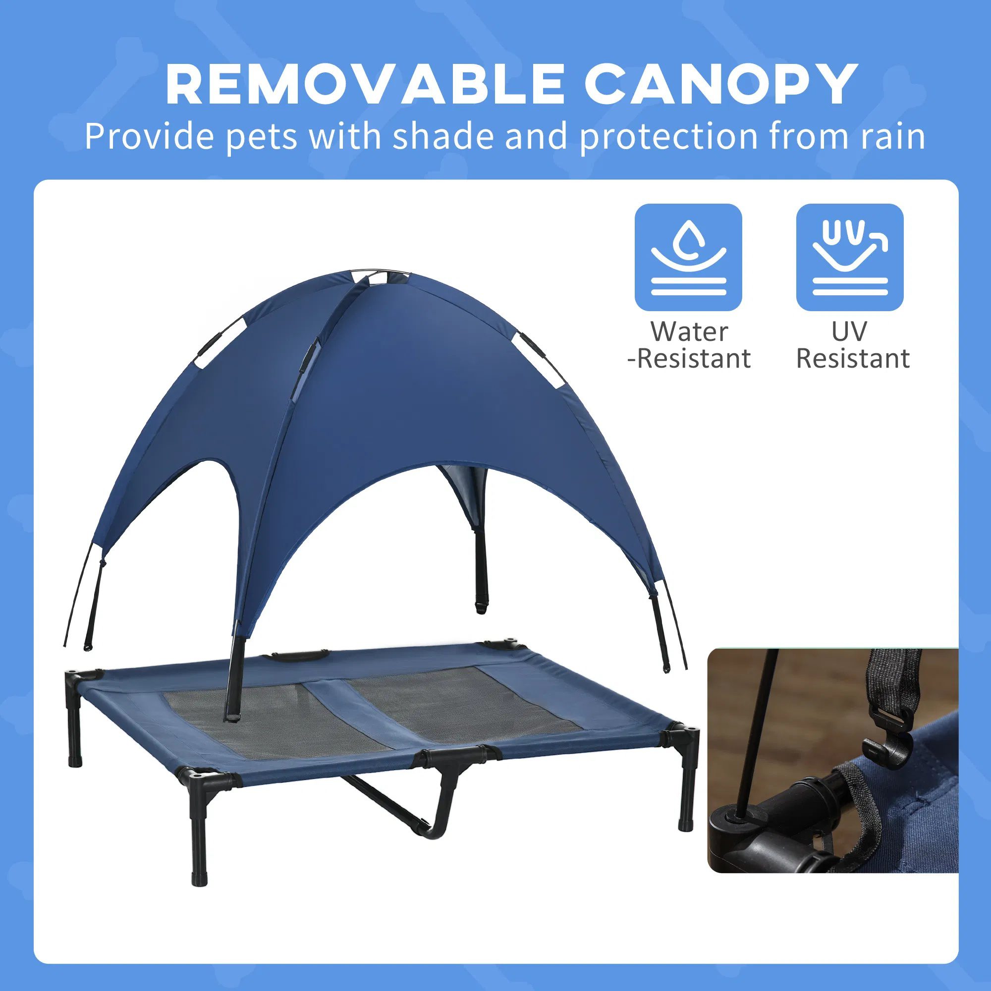 Elevated Dog Bed with Canopy, Portable Raised Dog Cot for L Sized Dogs, Indoor & Outdoor, 36" x 30" x 35", Dark Blue - Image 5