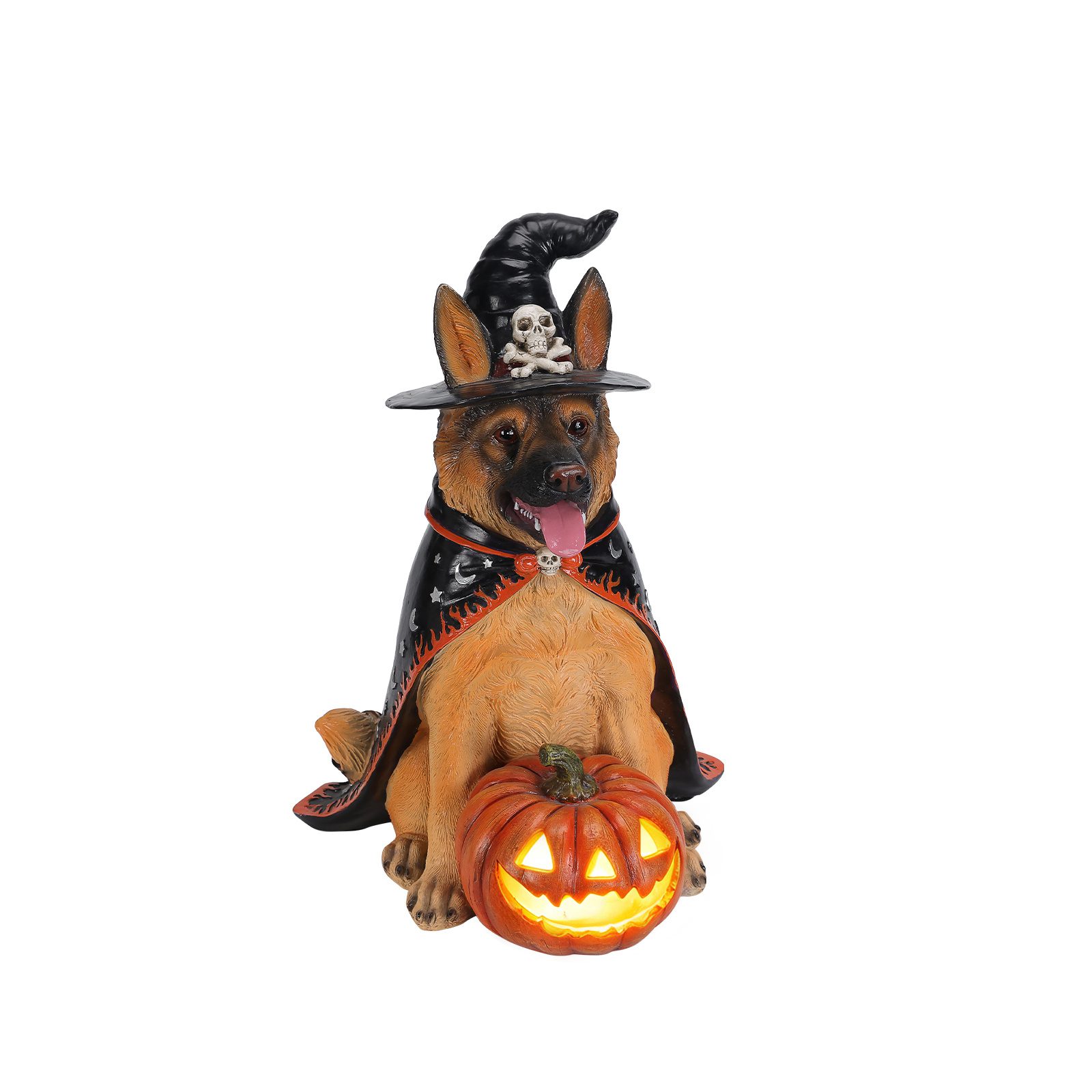 Halloween German Shepherd Dog Statue, Large Sitting Dog Figurine with Witch Hat & Cape, LED Light Up Jack-O-Lantern Pumpkin - Image 10
