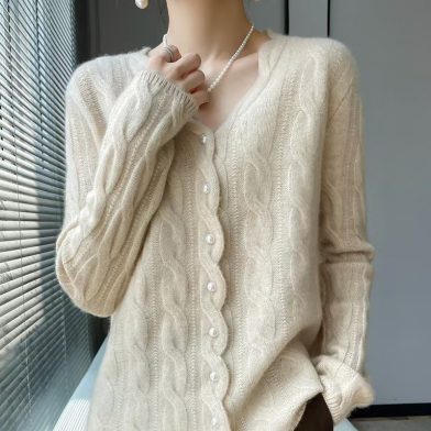 Twisted Pearl-Button V-Neck OuterwearLayering Top Knitted Sweater Jacket