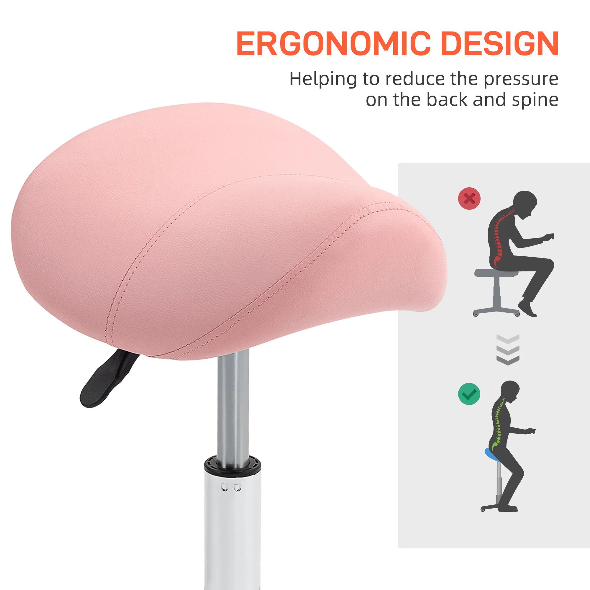 Cosmetic Stool Rotate Height Adjustable Salon Massage Spa Chair Hydraulic Rolling Faux Leather Saddle Stool, Pink - Image 6
