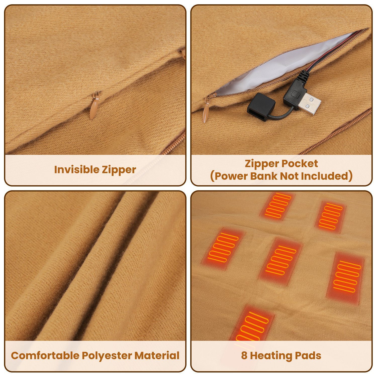 1Pc 79x24In USB Heated Shawl With Teasel Wearable Heating Blanket Electric Throw Wrap Indoor Outdoor With Zipper 3 Heating Levels Machine Washable For Outdoor Home Office - Image 7