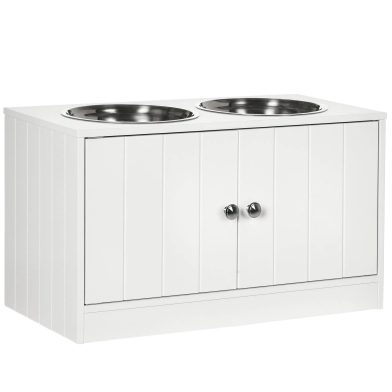 Elevated Dog Bowls for Large Dogs Pet Feeding Station with Stand, Storage, 2 Stainless Steel Food and Water Bowls, White, 23.6" x 11.8" x 14"