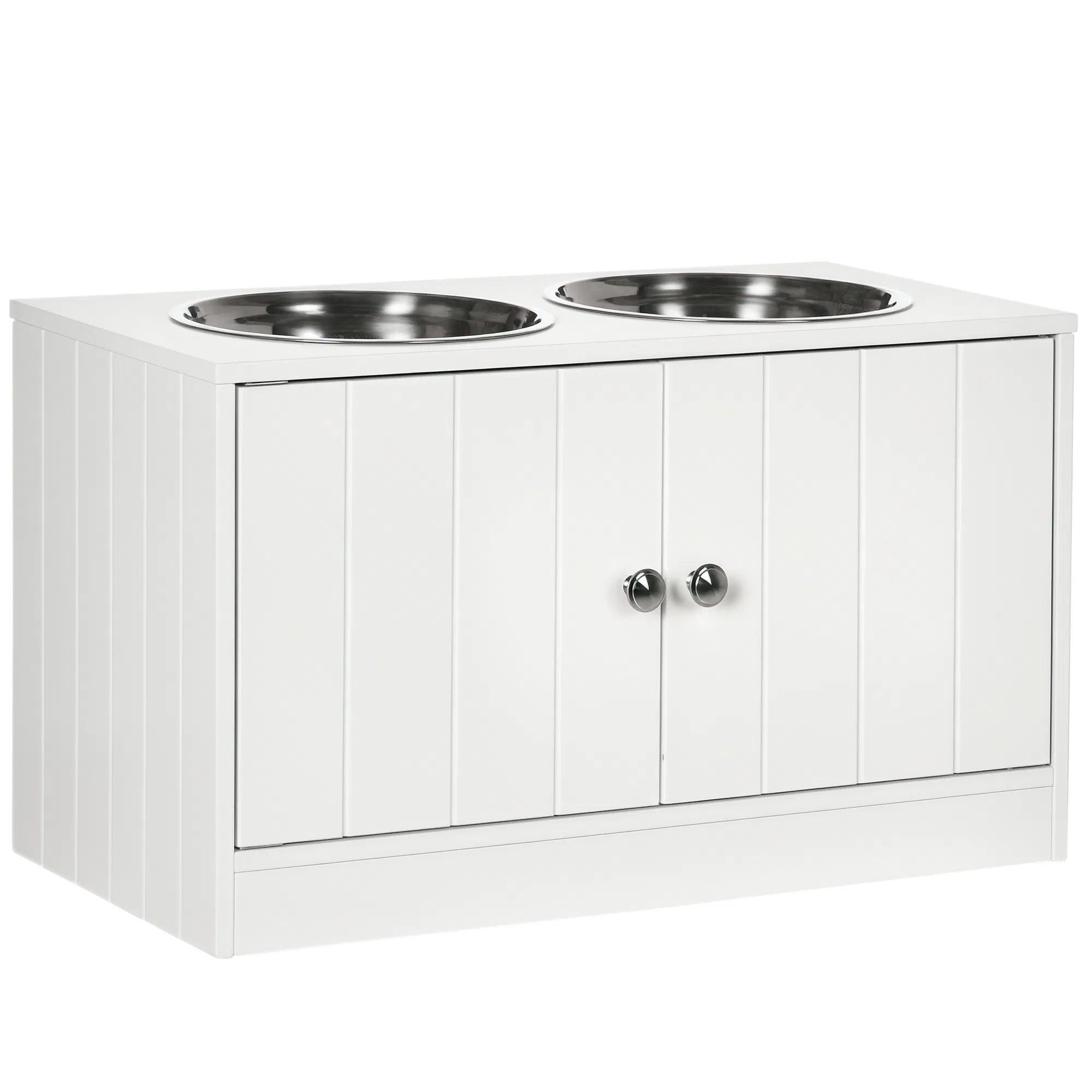 Elevated Dog Bowls for Large Dogs Pet Feeding Station with Stand, Storage, 2 Stainless Steel Food and Water Bowls, White, 23.6" x 11.8" x 14"