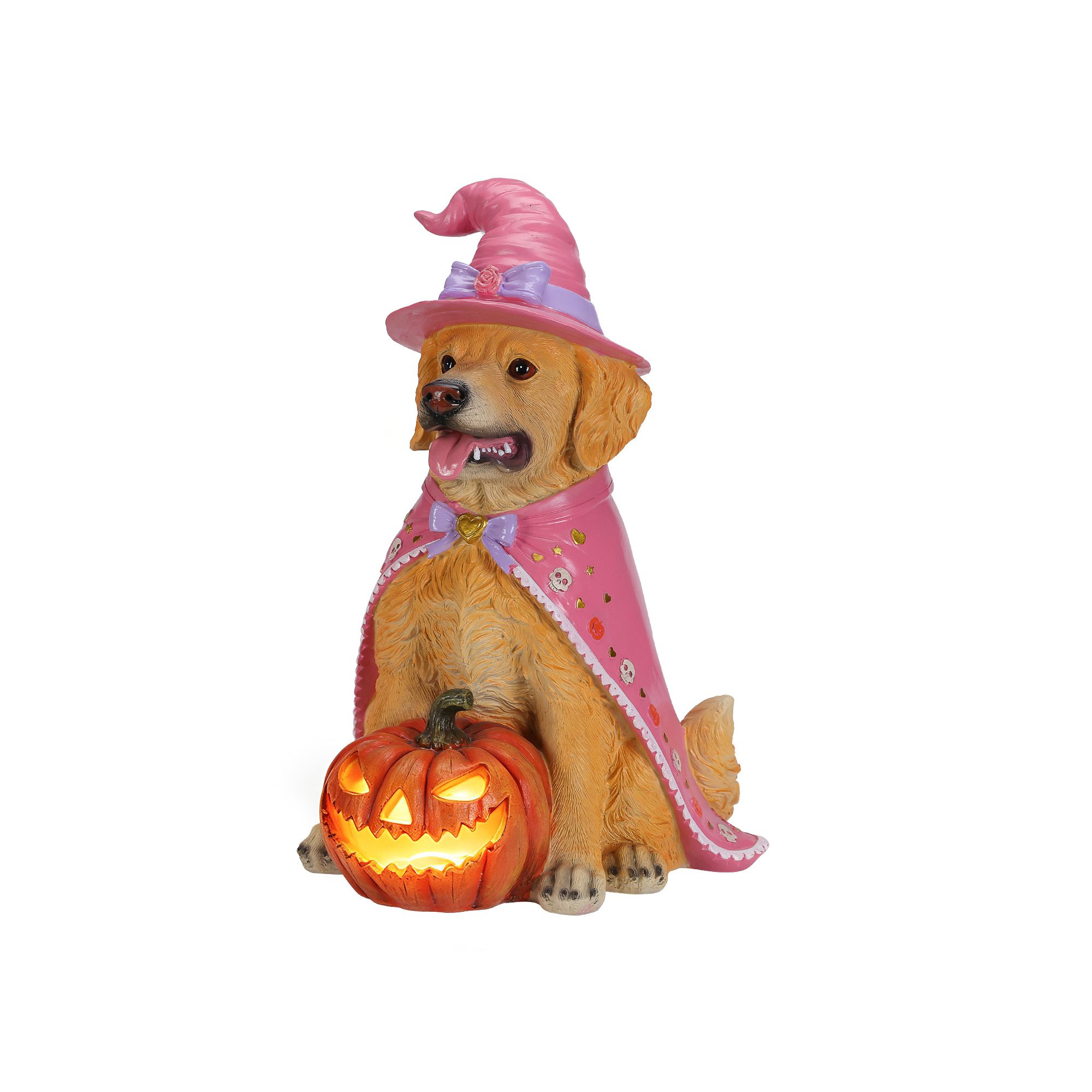 Halloween Golden Retriever Dog Statue, Large Sitting Dog Figurine with Pink Witch Hat & Cape, LED Light Up Jack-O-Lantern Pumpkin - Image 6