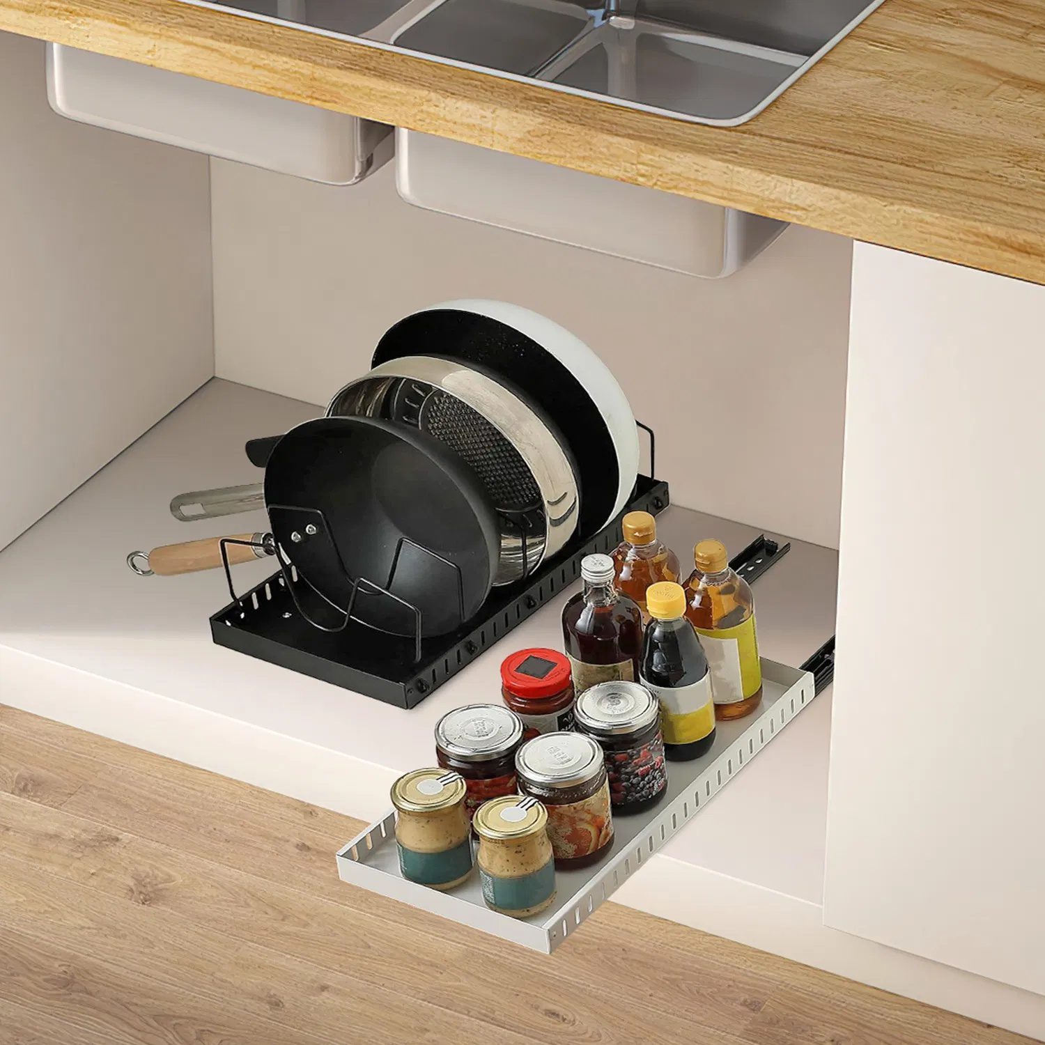 Pull Out Pots and Pans Organizer for Cabinet - 8 Adjustable Dividers, Tool-Free Installation, Damping Rail for Smooth Access, Sturdy Anti-Rust Carbon Steel - Holds Lids, Fry Pans, Bakeware & More - Image 3