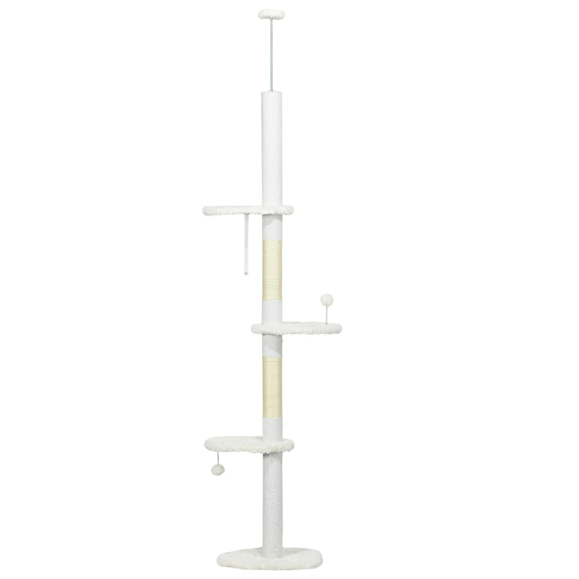 88.5"-100.5" Floor to Ceiling Cat Tree, Cat Tower with Scratching Posts, Cloud Shaped Platforms, Dangling Balls, White