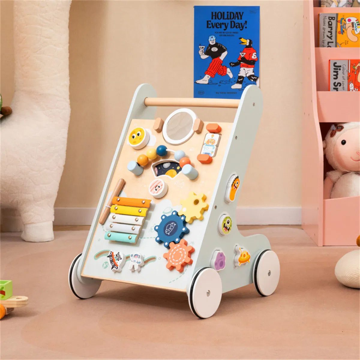 8-in-1 Wooden Baby Walker Push and Pull Learning Activity Center with Wheels for Toddlers 1+ Years Old - Image 6