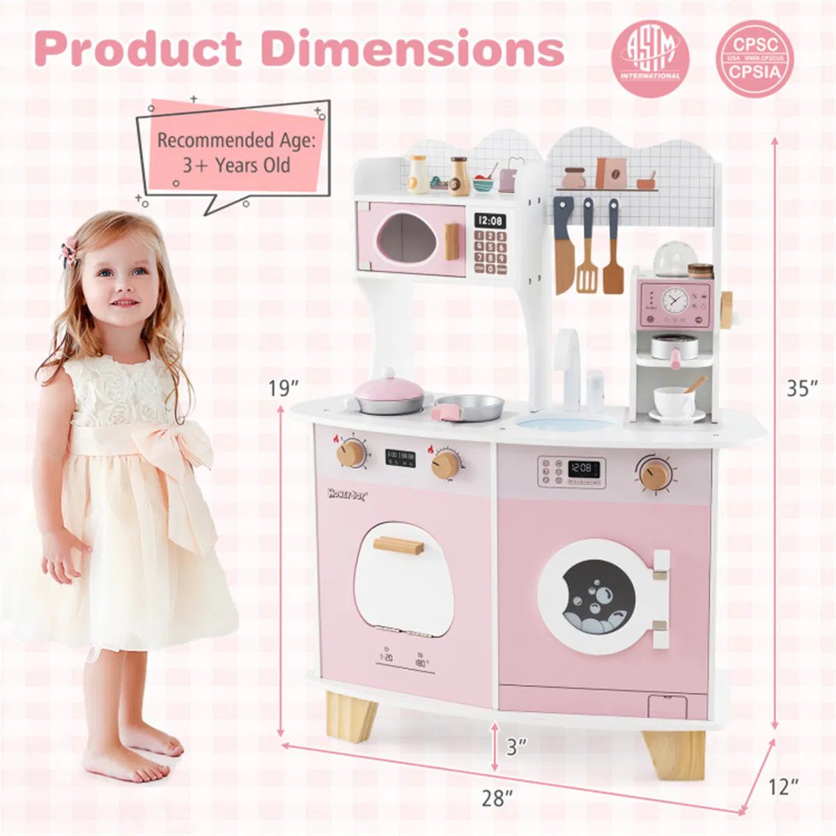 Pink Kids Coffee Kitchen Playset with Microwave Oven Stove for 3+ Years Old - Image 6