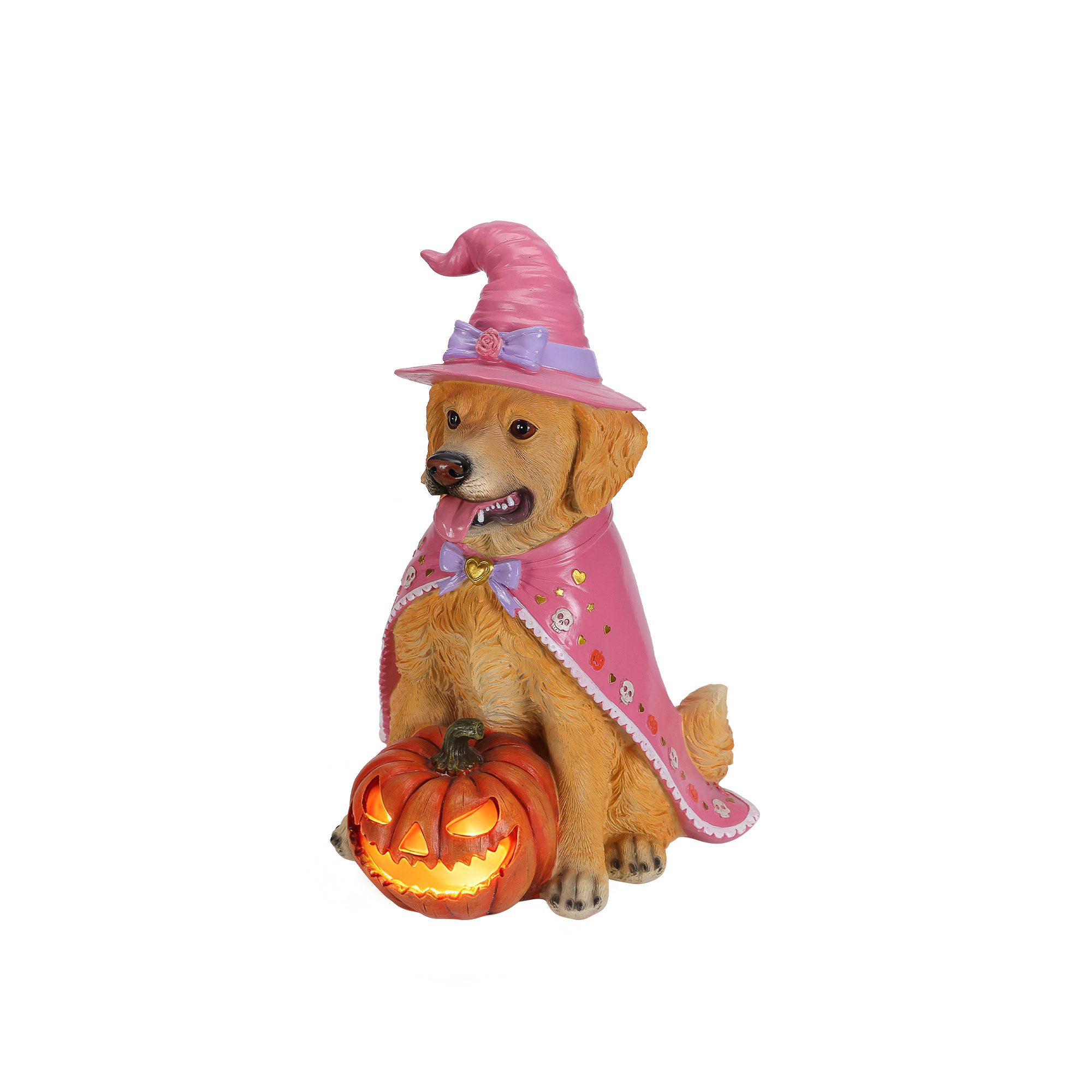 Halloween Golden Retriever Dog Statue, Large Sitting Dog Figurine with Pink Witch Hat & Cape, LED Light Up Jack-O-Lantern Pumpkin - Image 8