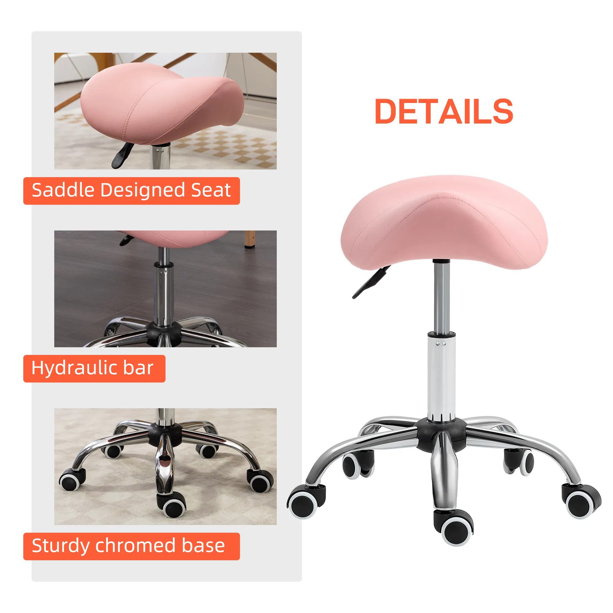 Cosmetic Stool Rotate Height Adjustable Salon Massage Spa Chair Hydraulic Rolling Faux Leather Saddle Stool, Pink - Image 5