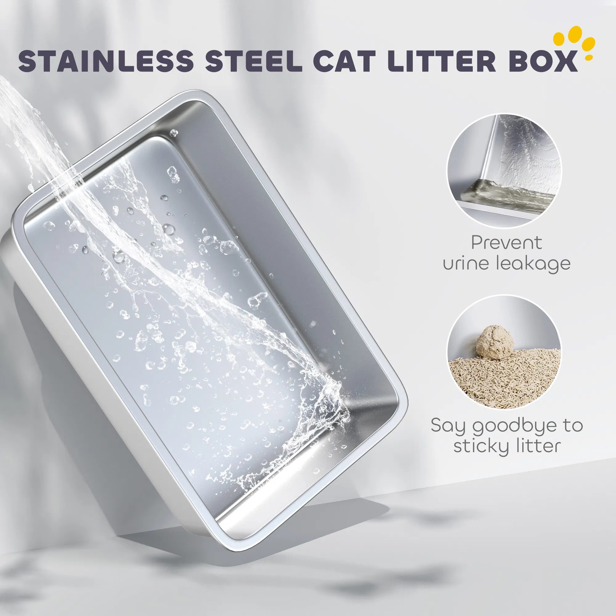 Extra Large Stainless Steel Cat Litter Box w/ High Sided, Removable Lid, Mats, Scoop, Odor Free, Non-Sticky, Leakproof - Image 5