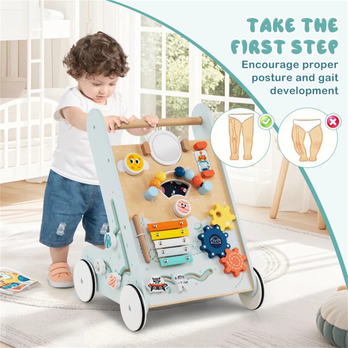 8-in-1 Wooden Baby Walker Push and Pull Learning Activity Center with Wheels for Toddlers 1+ Years Old - Image 10