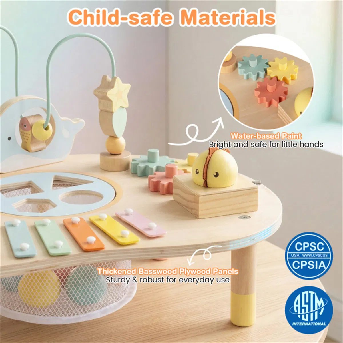 7-in-1 Wooden Baby Activity Table 12M+ Sensory Play Table with Music & Shape Sorting - Image 6