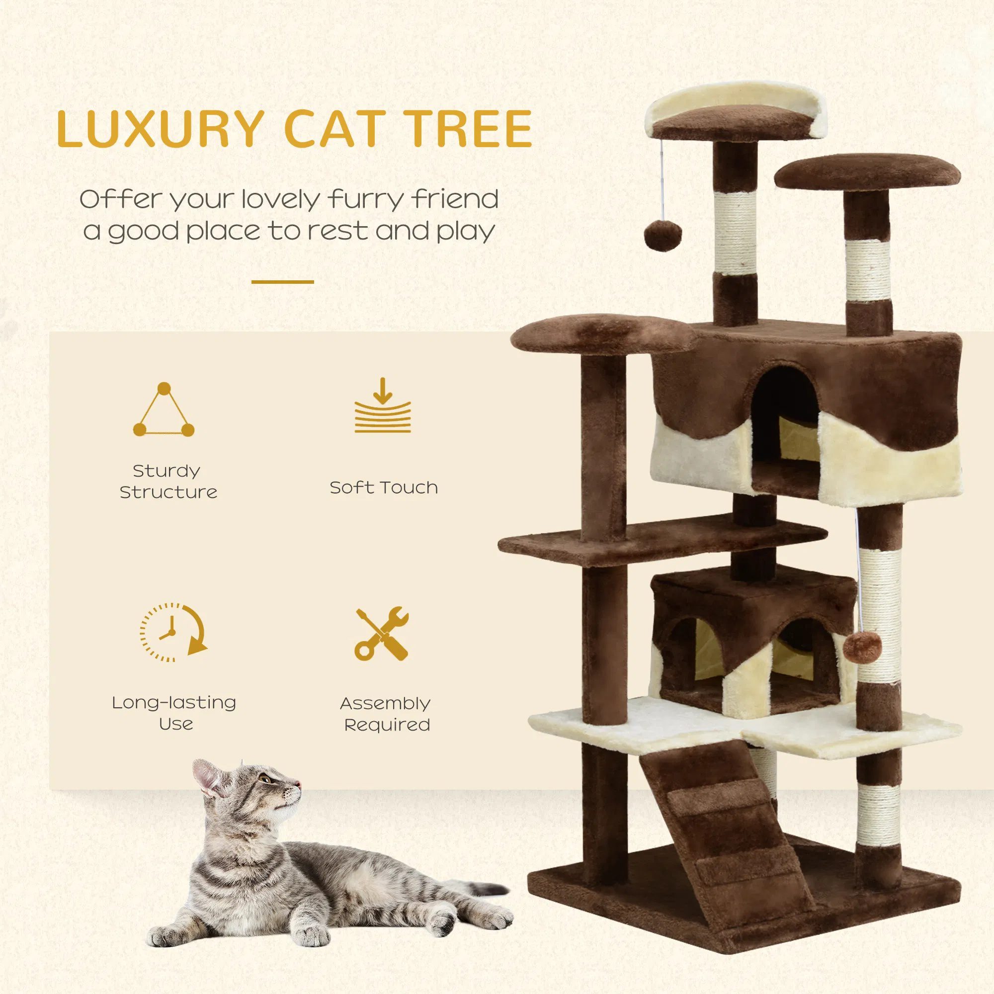 53" Cat Tree Scratching Large Kitten Play House Multi-Level Activity Center Pet Furniture - Image 3