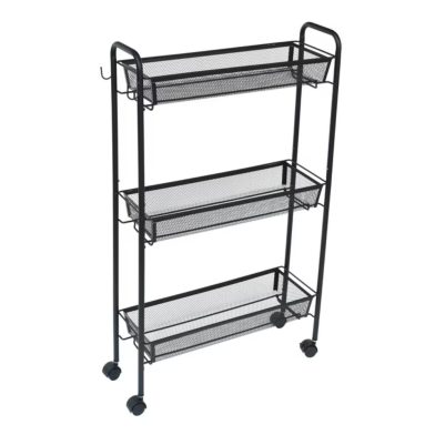 Slim 3-Tier Rolling Bathroom Storage Cart With Hooks, Black