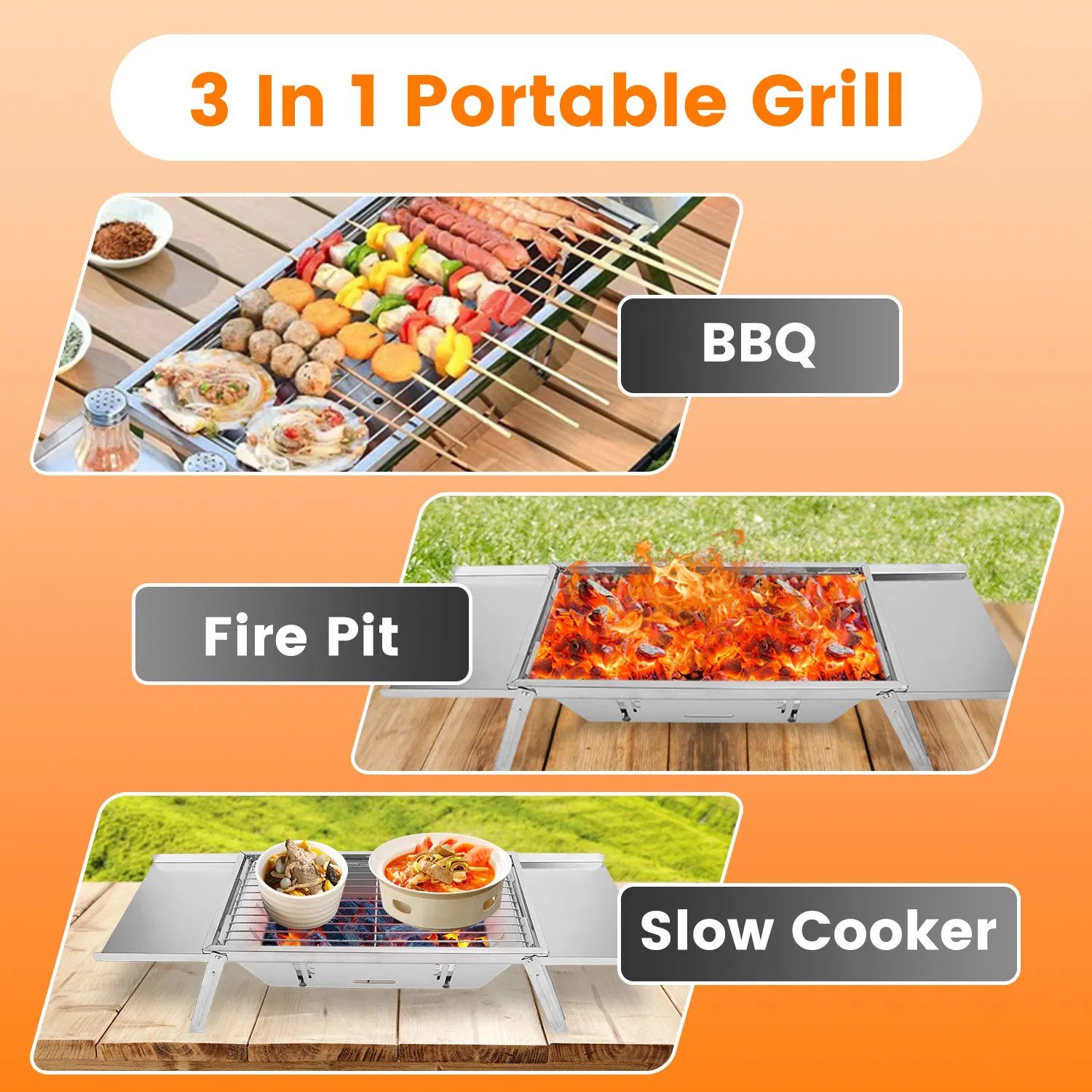 Foldable Charcoal BBQ Grill Stainless Steel Grill Net Easy Setup Portable Tabletop Barbecue Grill for Camping Picnic Outdoor Party Backyard - Image 3