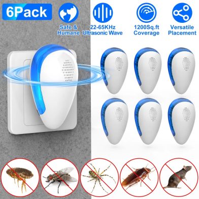 6-Pack Indoor Wall-Plug Ultrasonic Output Unit, Variable 22-65KHz Frequency Electronic Device for Home, Office, Cellar and Garage Spaces
