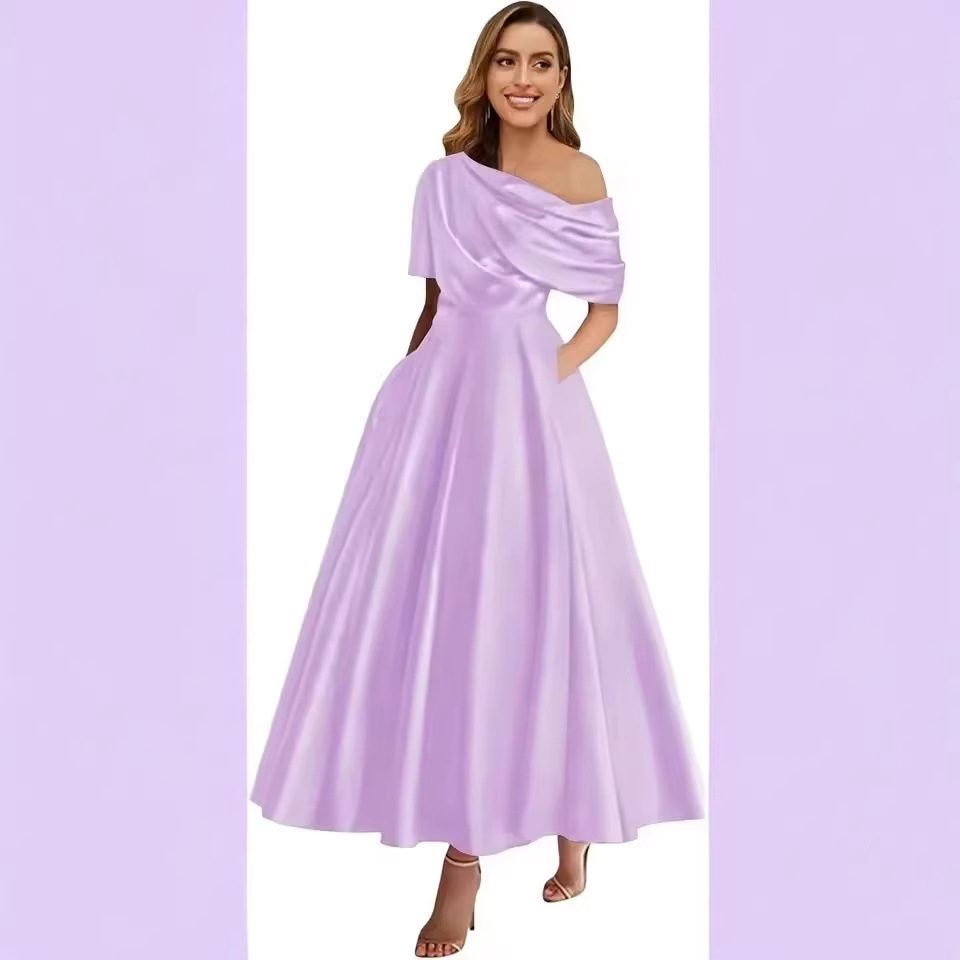 New Elegant And Sophisticated Satin Off-Shoulder Solid Color Dress - Image 4