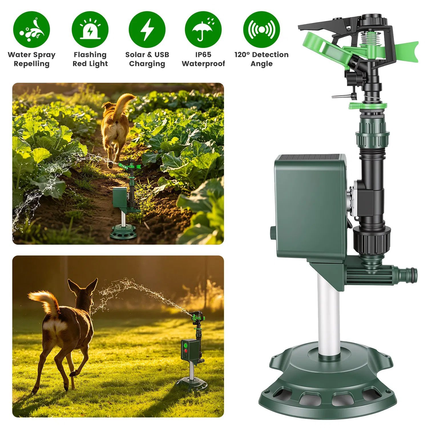 Solar Powered Motion Sensor Animal Repellent Sprinkler with Flashing Light Outdoor Animal Deterrent for Cats Dogs Squirrels Birds Raccons Deer And More - Image 2