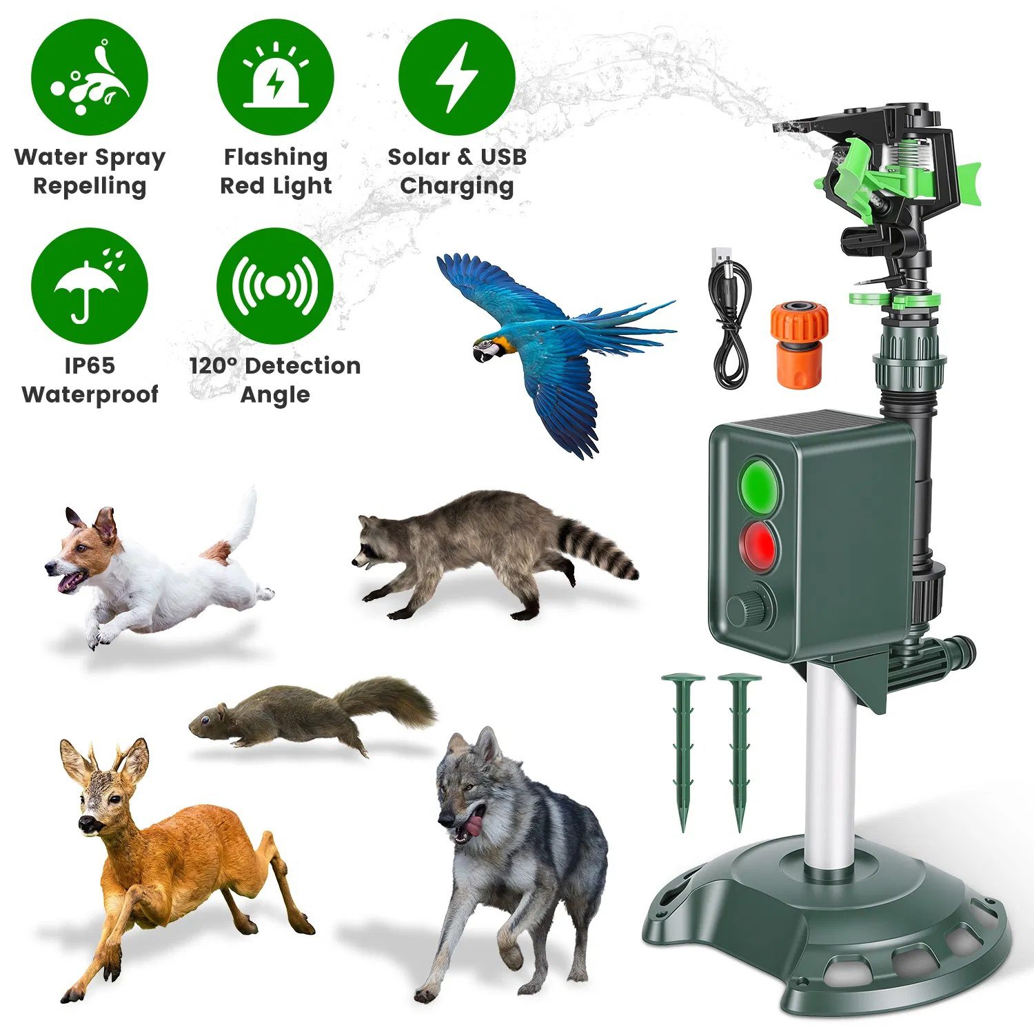 Solar Powered Motion Sensor Animal Repellent Sprinkler with Flashing Light Outdoor Animal Deterrent for Cats Dogs Squirrels Birds Raccons Deer And More