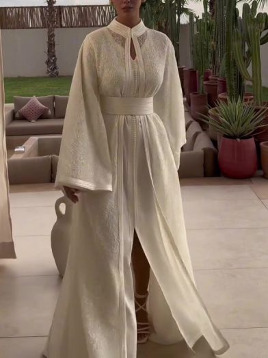 Cream Embroidered Stand Collar Tie-Waist Slit Robe Dress