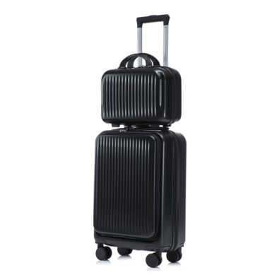 14inch 20inch 2 Pcs Set In ABS Spinner Wheel Luggage, With Combination Lock And Front Opening Design, 14inch Cosmetic Case Black
