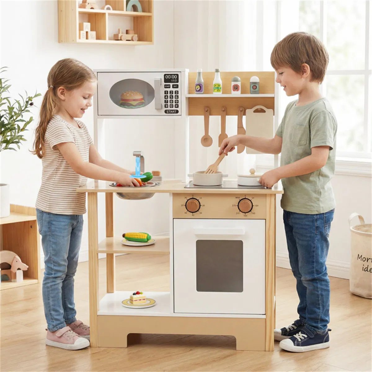 Kids Wooden Play Kitchen with 13 Accessories, Pretend Cooking Set with Chalkboard for 3+, White + Natural - Image 6