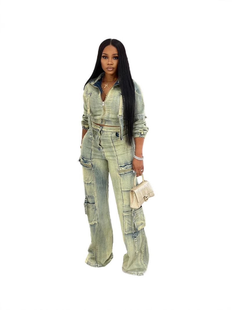 Fashionable And Sexy Washed Denim Jacket And Pants Set - Image 7