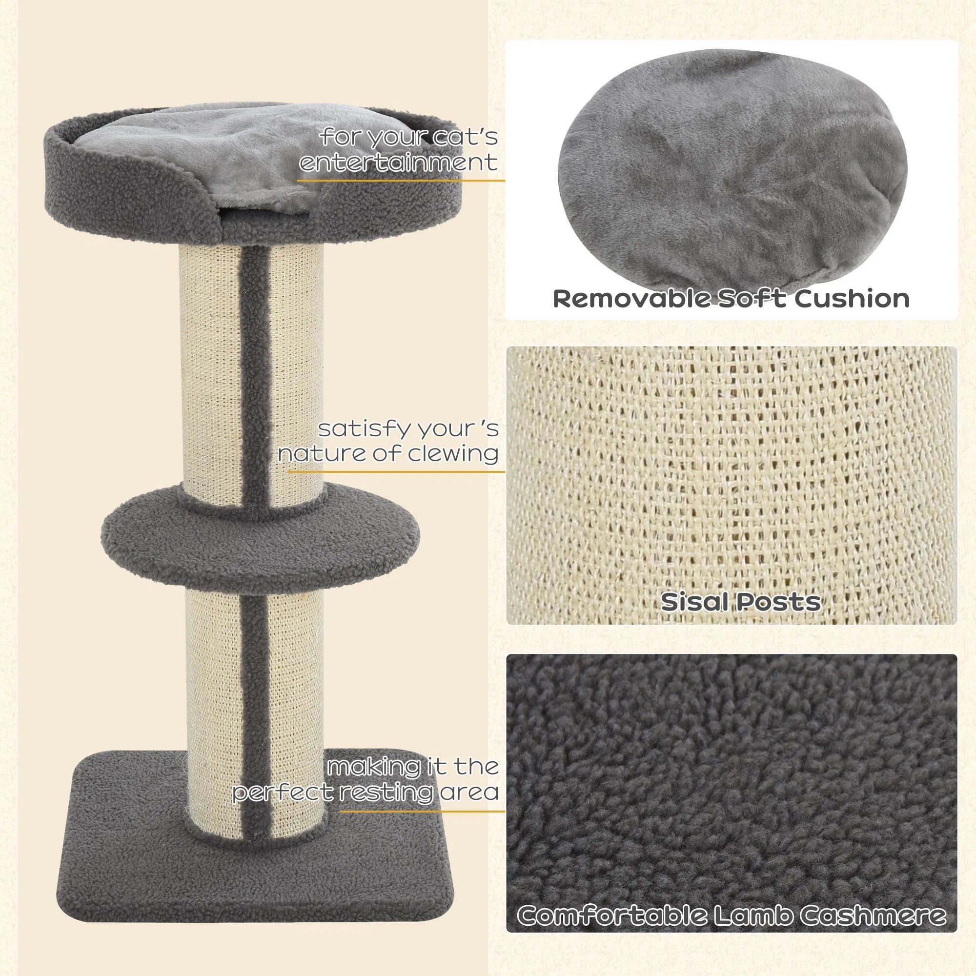 Cat Tree Kitty Tower with Sisal Mat Scratching Post, Cat Bed, Cushion, Perch, 18" x 18" x 36", Grey - Image 4