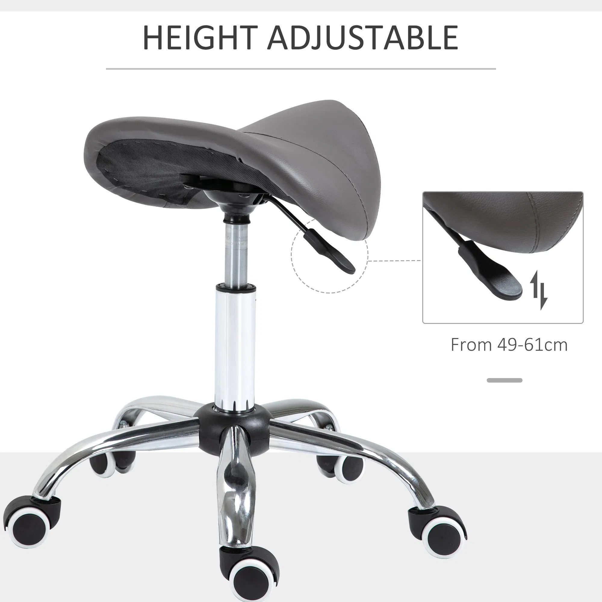 Saddle Stool Adjustable Hydraulic Rolling Beauty Salon Stool Ergonomic PU Leather Stool Round Grey - Image 3