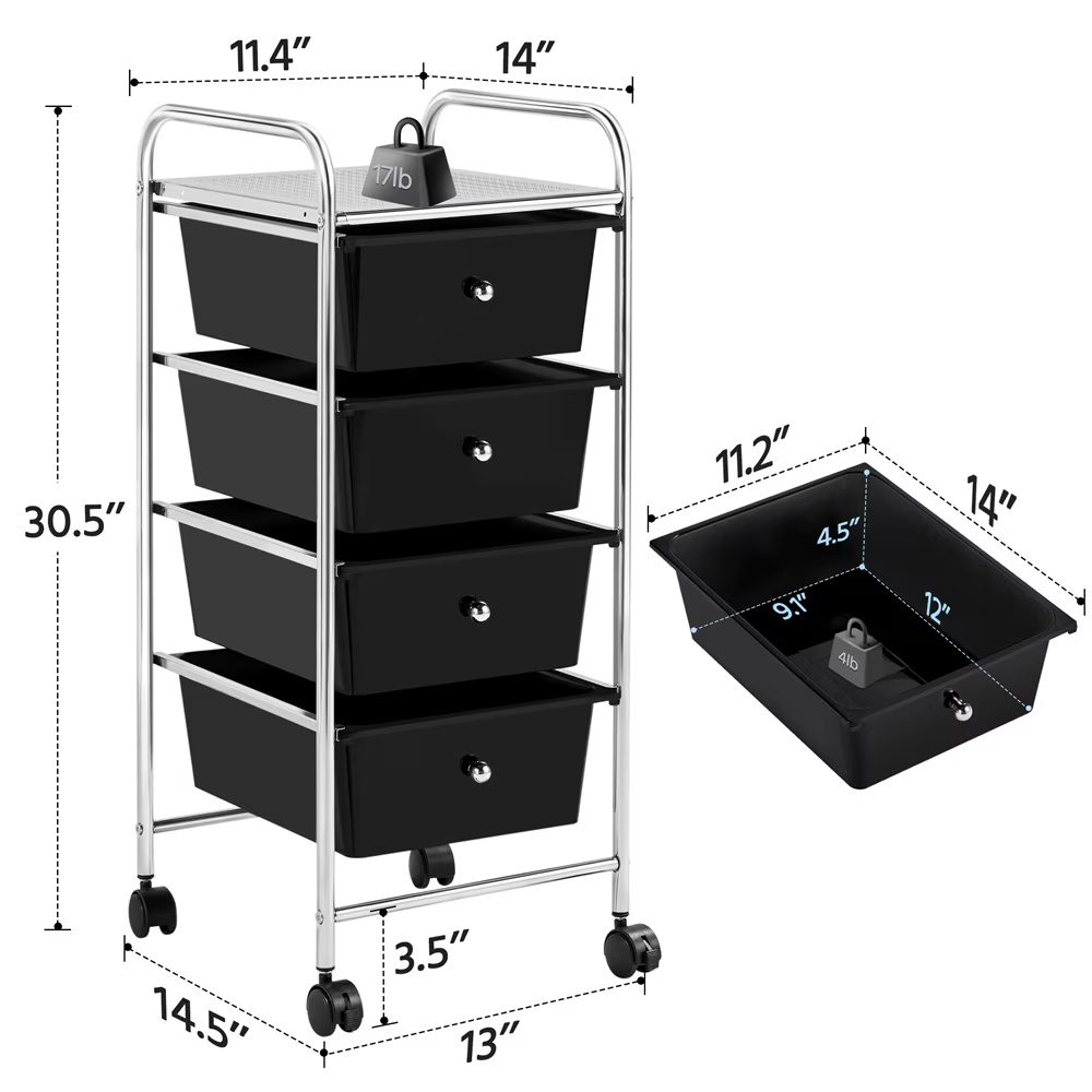 Rolling Trolley Storage Cart Bin With 4 Plastic Drawers On Wheels, Black - Image 2