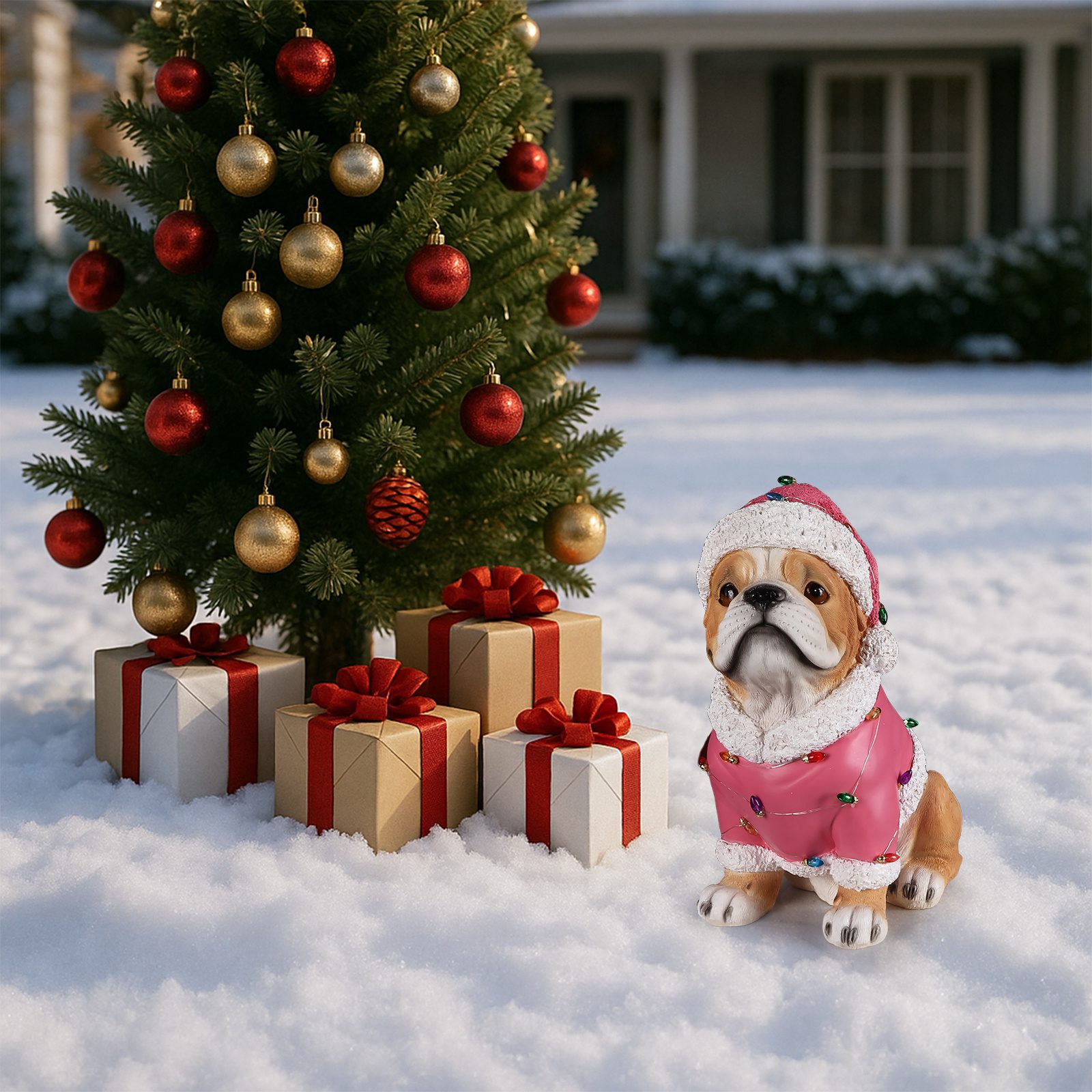 Christmas Pug Statue, Holiday Dog Figurine in Pink Santa Outfit - Image 10