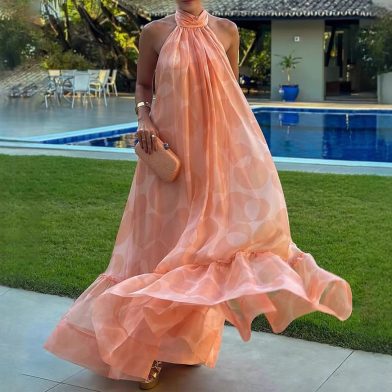 Back Beach Chiffon Vacation Print Dress