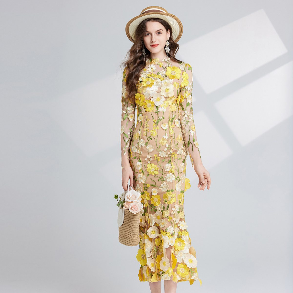 Dress Elegant Embroidered 3D Flower Design, Defined Waistline Long Sleeves - Image 7