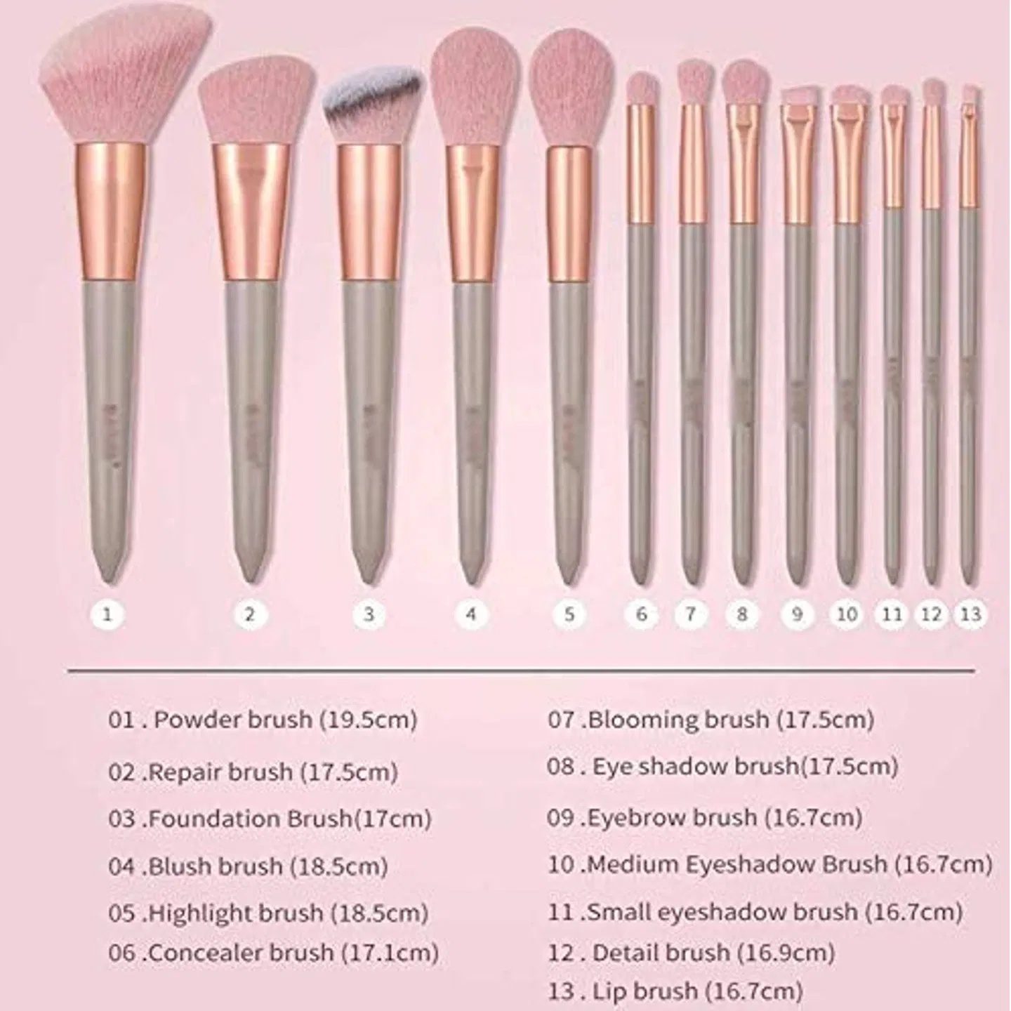 13-piece pink makeup brush set, complete for face and eye application, soft bristles for smooth powder pickup, comes with a velvet storage pouch - Image 2