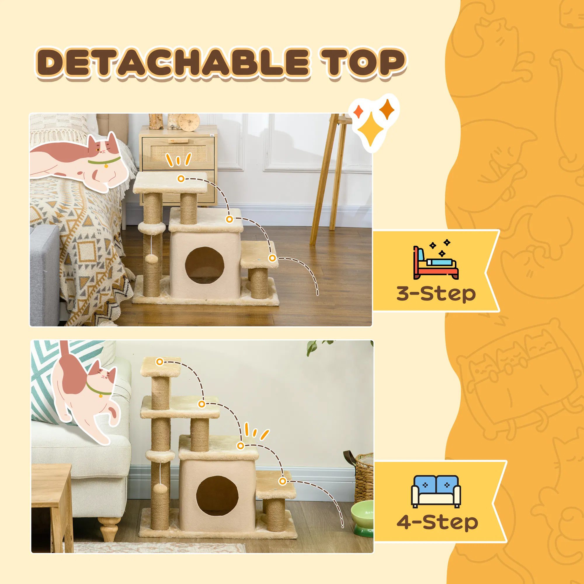 Cat Stairs Pet Steps for Couch Bed with Scratching Posts Condo Ball Toy, 23.6" x 15.7" x 26", Beige - Image 3