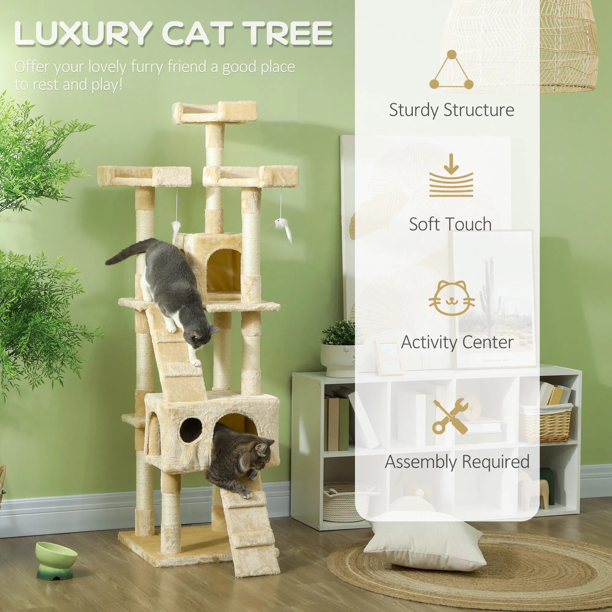 68-inch Multi-Level Cat Scratching Tree Kitty Activity Center Post Tower Condo Pet Furniture w/ Toy Beige - Image 3