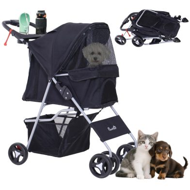 Dog Stroller, One-click Folding Pet Stroller with Cup Holder, 4 Wheels Travel Carrier w/ Brakes, 360° Swiveling Front Wheels, Storage Basket, for XS/Small Dogs Cats, Black