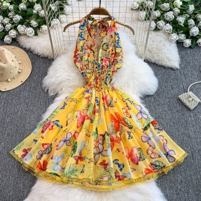 Retro-printed Resort-style Deep-V-neck Halter Dress