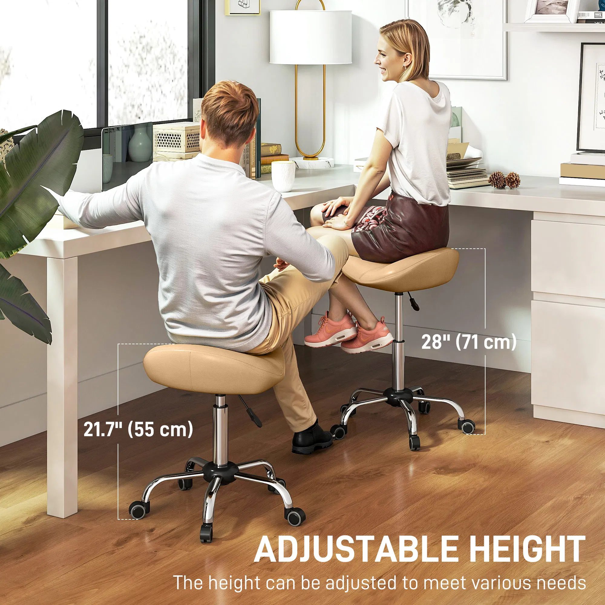 Saddle Stool, Height Adjustable Rolling Salon Chair with PU Leather for Massage, Spa, Clinic, Beauty and Tattoo, Brown - Image 3