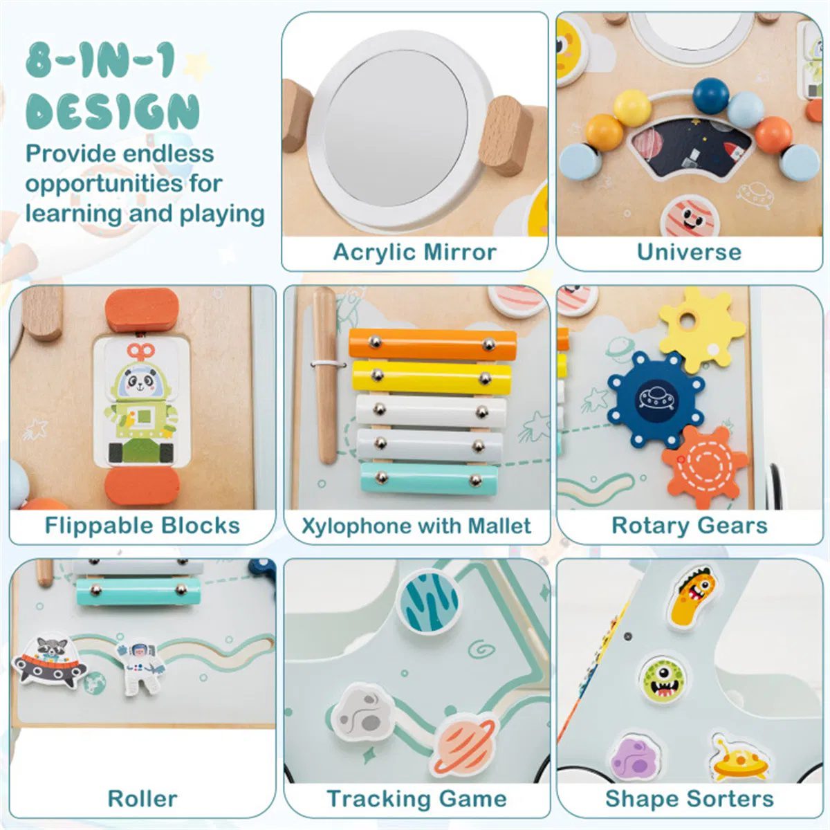 8-in-1 Wooden Baby Walker Push and Pull Learning Activity Center with Wheels for Toddlers 1+ Years Old - Image 9