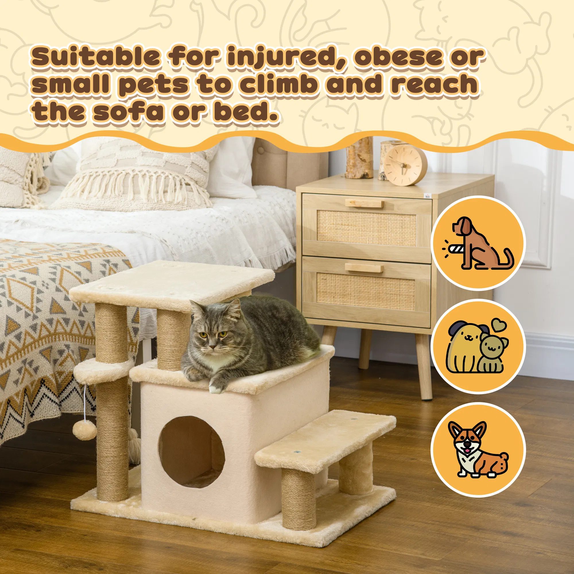 Cat Stairs Pet Steps for Couch Bed with Scratching Posts Condo Ball Toy, 23.6" x 15.7" x 26", Beige - Image 6