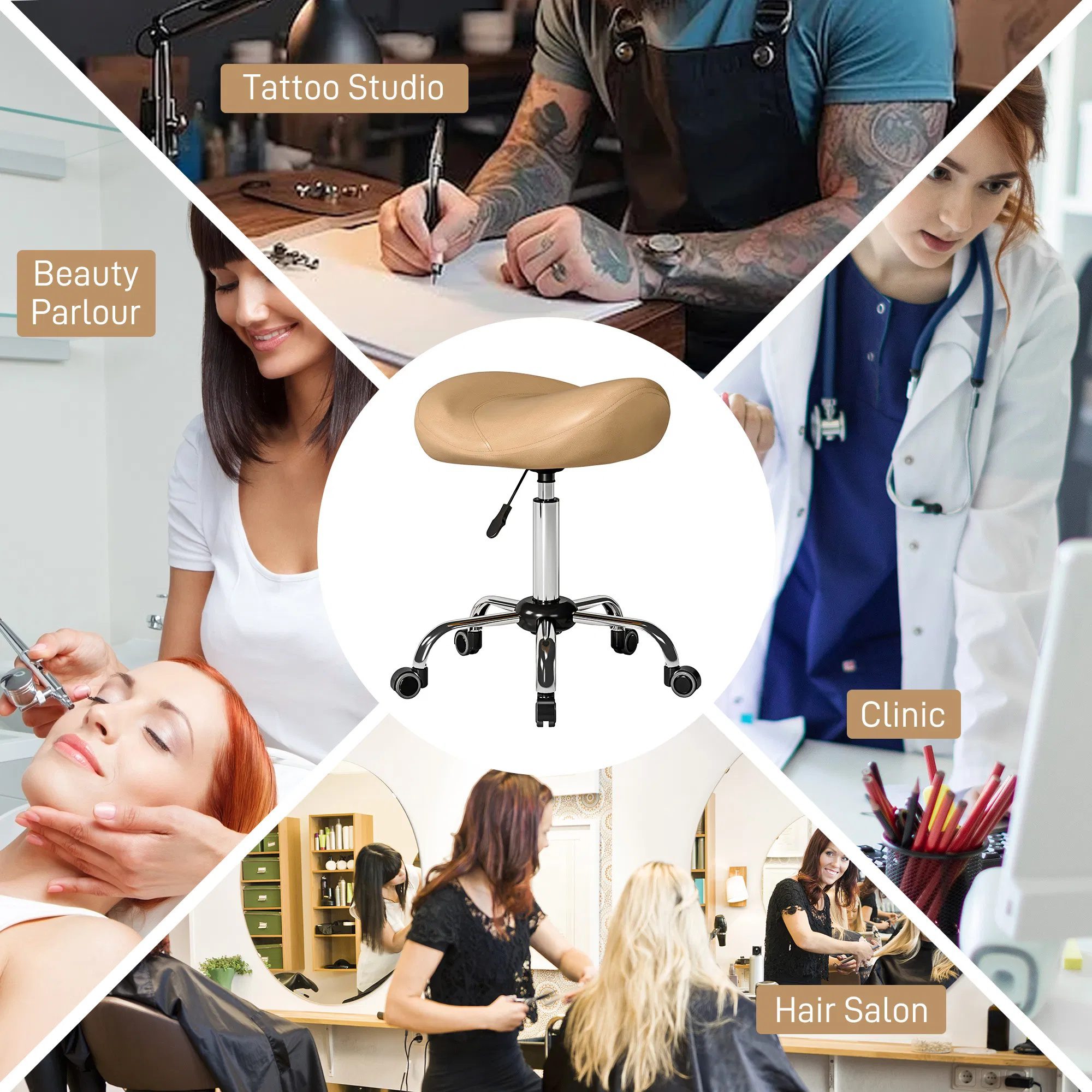 Saddle Stool, Height Adjustable Rolling Salon Chair with PU Leather for Massage, Spa, Clinic, Beauty and Tattoo, Brown - Image 6
