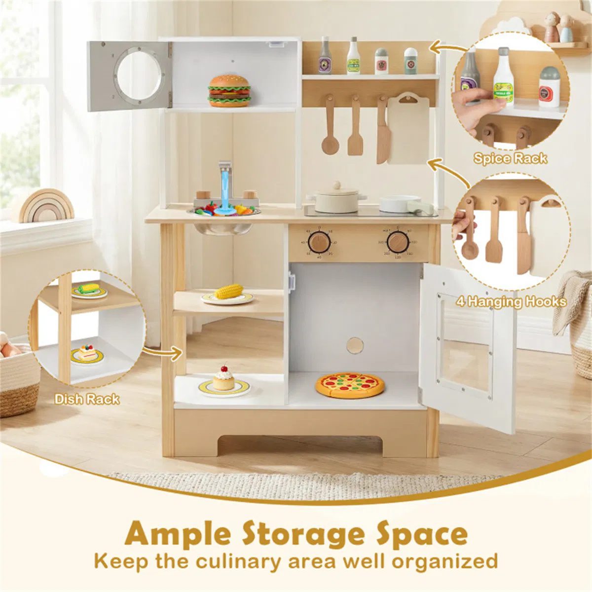 Kids Wooden Play Kitchen with 13 Accessories, Pretend Cooking Set with Chalkboard for 3+, White + Natural - Image 8